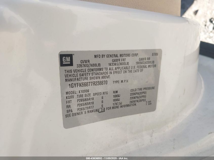 2007 Cadillac Escalade Esv Standard VIN: 1GYFK66877R238870 Lot: 43636592