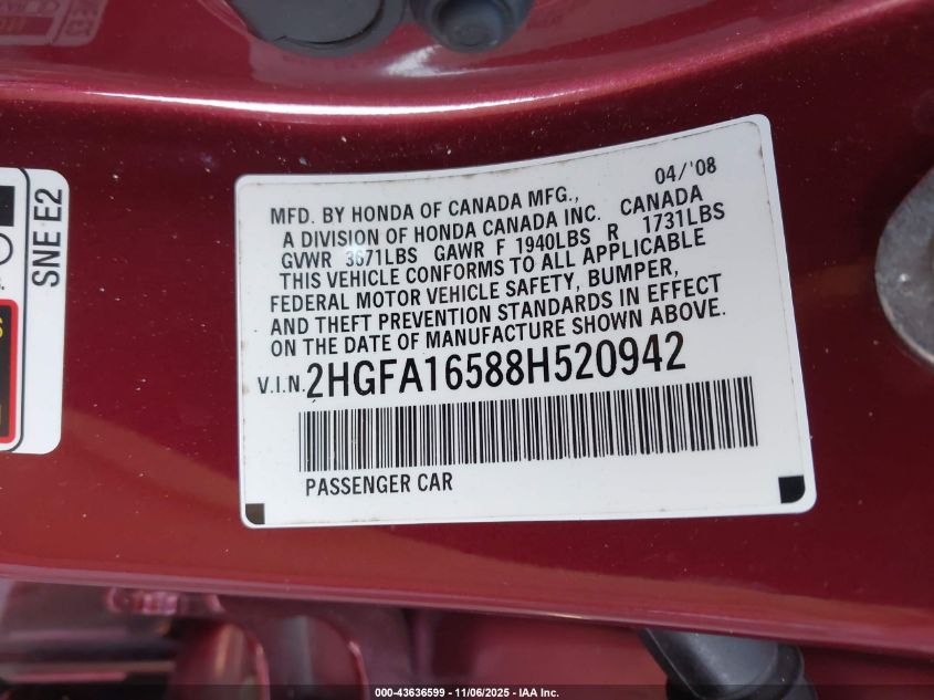 2008 Honda Civic Lx VIN: 2HGFA16588H520942 Lot: 43636599