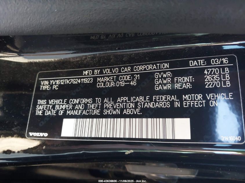 2016 Volvo S60 T5 Premier VIN: YV1612TK7G2411923 Lot: 43636606