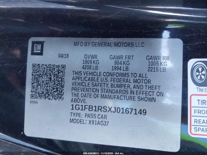 2018 Chevrolet Camaro 1Lt VIN: 1G1FB1RSXJ0167149 Lot: 43636613