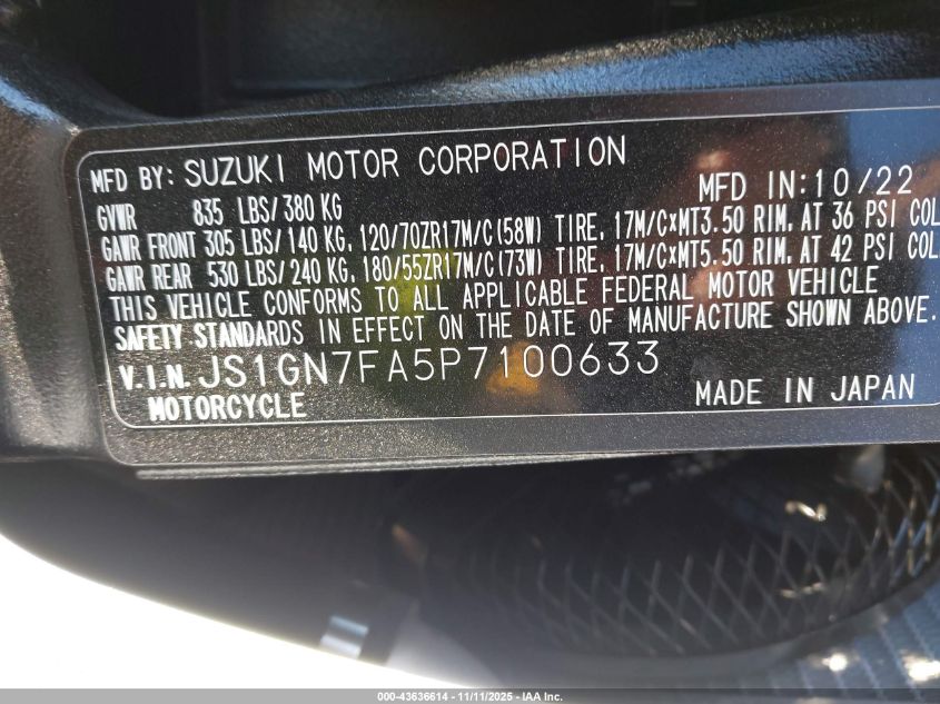 2023 Suzuki Gsx-R600 VIN: JS1GN7FA5P7100633 Lot: 43636614
