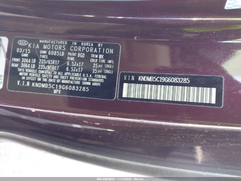 2016 Kia Sedona Lx VIN: KNDMB5C19G6083285 Lot: 43636633