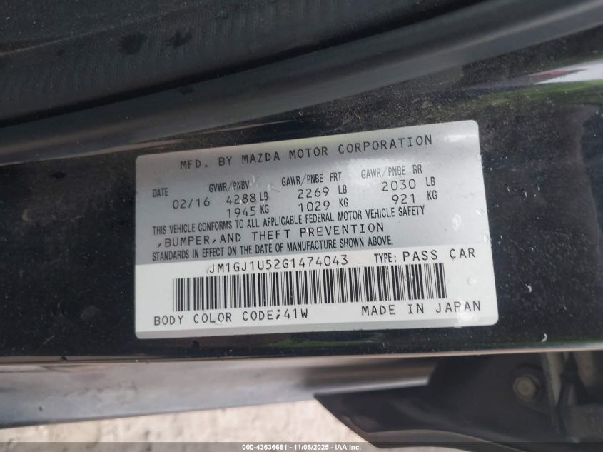 2016 Mazda Mazda6 I Sport VIN: JM1GJ1U52G1474043 Lot: 43636661