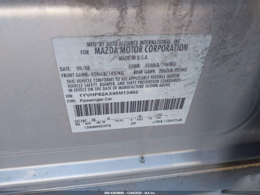 2009 Mazda Mazda6 I Touring VIN: 1YVHP82AX95M13492 Lot: 43636666