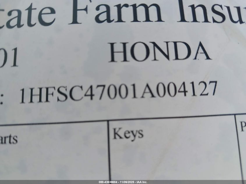 2001 Honda Gl1800 VIN: 1HFSC47001A004127 Lot: 43636684