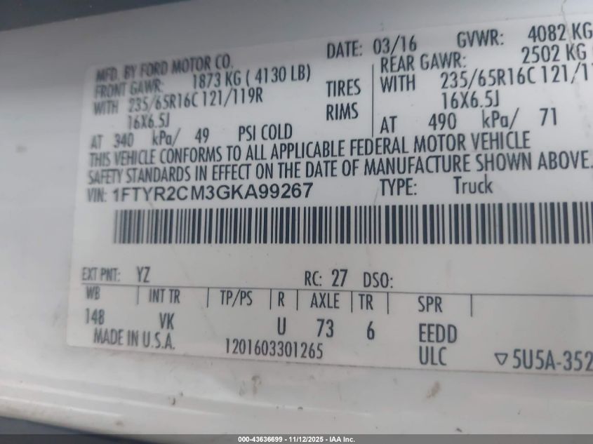 2016 Ford Transit-250 VIN: 1FTYR2CM3GKA99267 Lot: 43636699