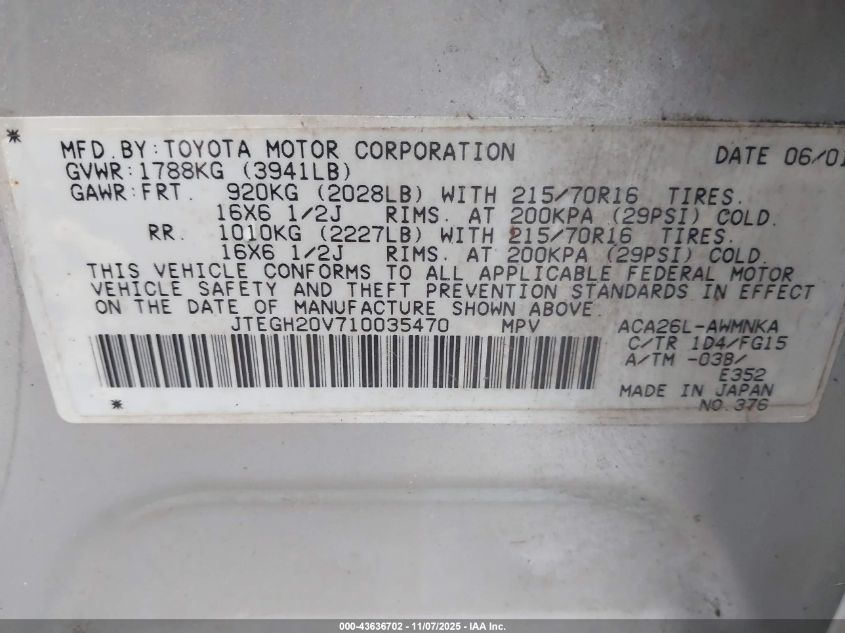 2001 Toyota Rav4 VIN: JTEGH20V710035470 Lot: 43636702