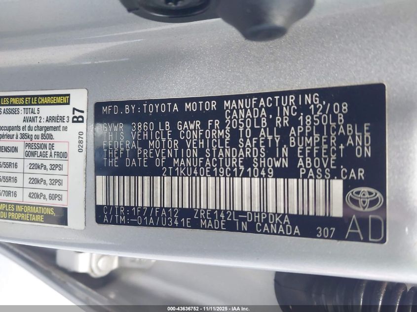 2009 Toyota Matrix VIN: 2T1KU40E19C171049 Lot: 43636752