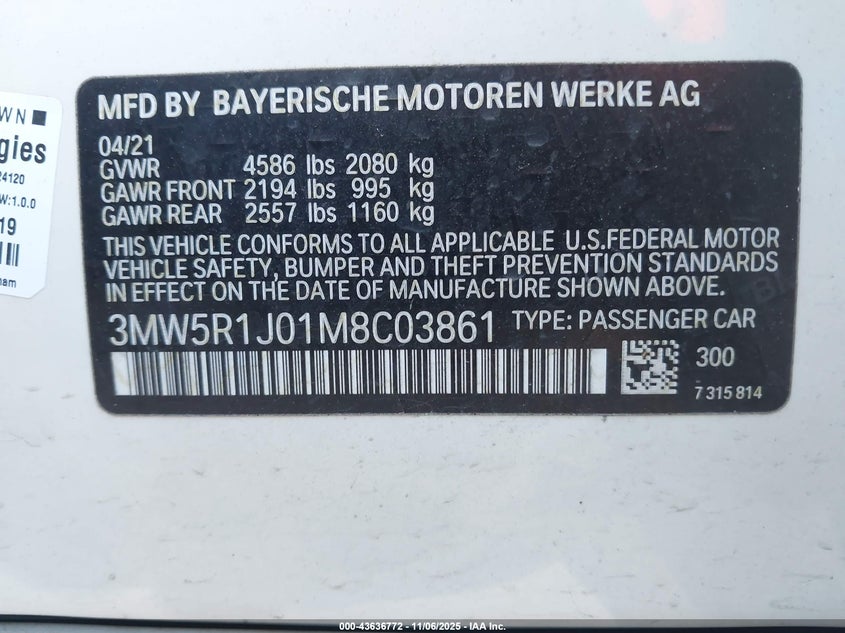 2021 BMW 330I 3MW5R1J01M8C03861