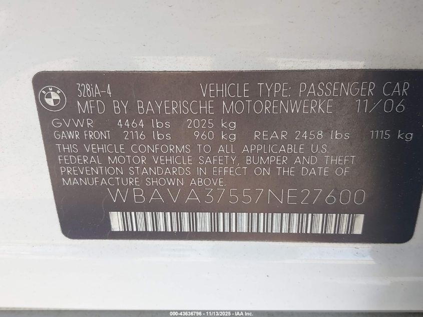 2007 BMW 328I VIN: WBAVA37557NE27600 Lot: 43636796