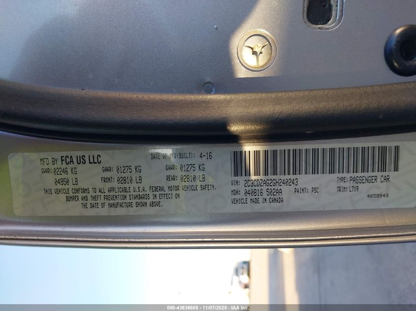 2016 Dodge Challenger Sxt VIN: 2C3CDZAG2GH240243 Lot: 43636805