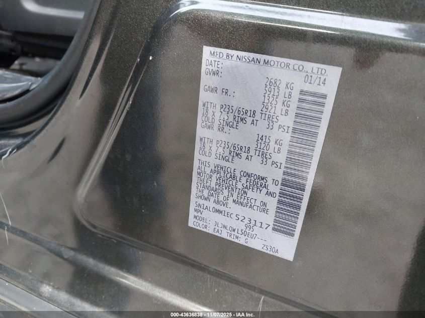 2014 Infiniti Qx60 VIN: 5N1AL0MM1EC523117 Lot: 43636838