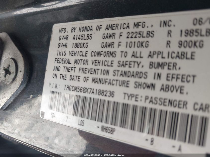 2007 Honda Accord 2.4 Ex VIN: 1HGCM568X7A188236 Lot: 43636856