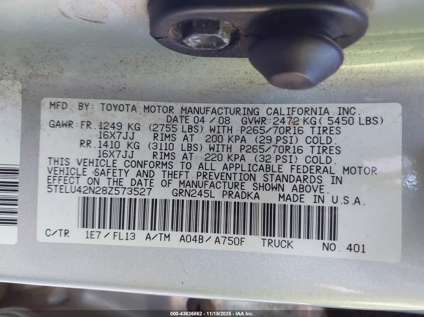 5TELU42N28Z573527 2008 TOYOTA TACOMA photo no. 9