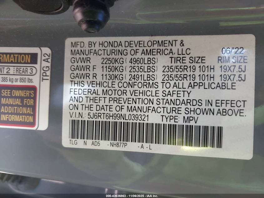 2022 HONDA CR-V HYBRID TOURING 5J6RT6H99NL039321