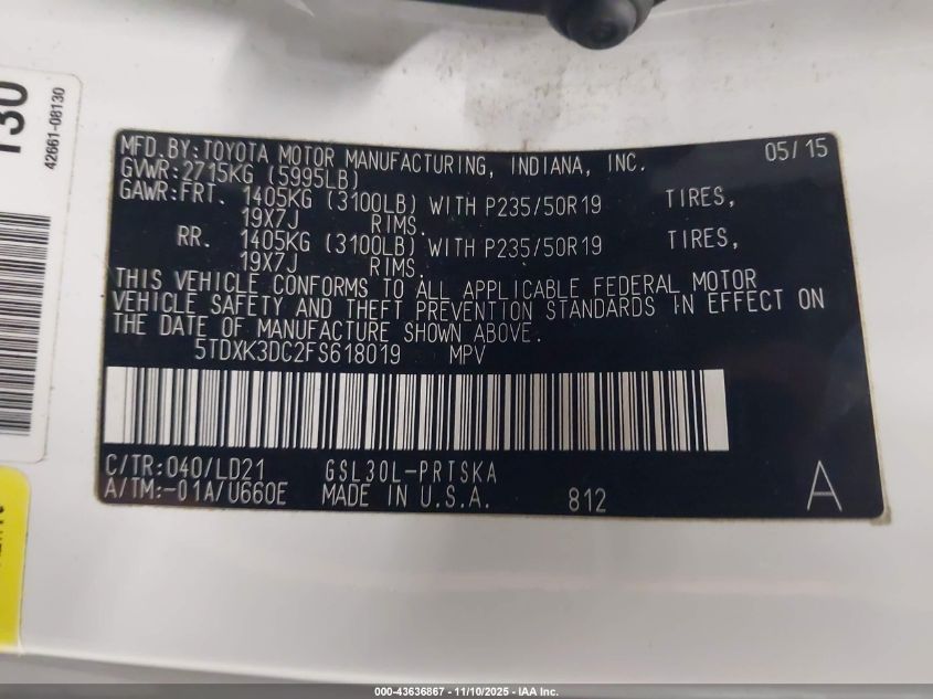 2015 Toyota Sienna Sport VIN: 5TDXK3DC2FS618019 Lot: 43636867