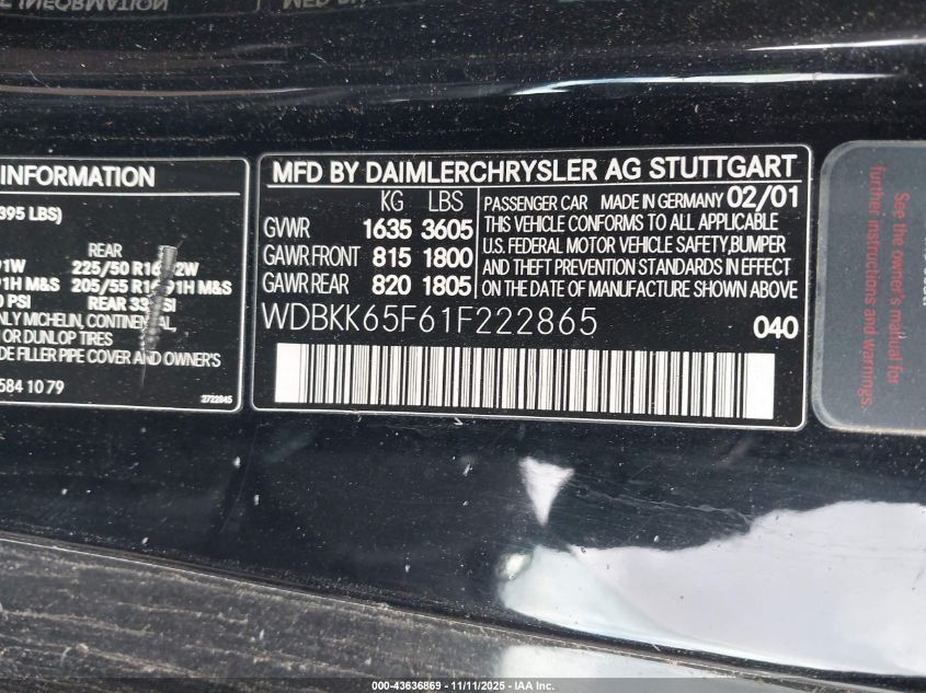 2001 Mercedes-Benz Slk 320 VIN: WDBKK65F61F222865 Lot: 43636869