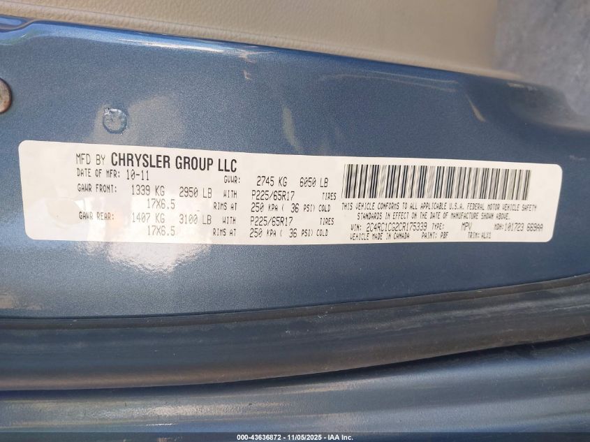 2012 Chrysler Town & Country Touring-L VIN: 2C4RC1CG2CR175339 Lot: 43636872