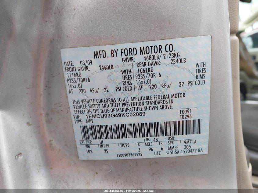 2009 Ford Escape Xlt VIN: 1FMCU93G49KC02089 Lot: 43636876