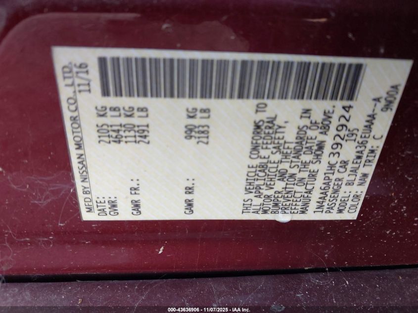 2017 Nissan Maxima 3.5 Sl VIN: 1N4AA6AP1HC392924 Lot: 43636906