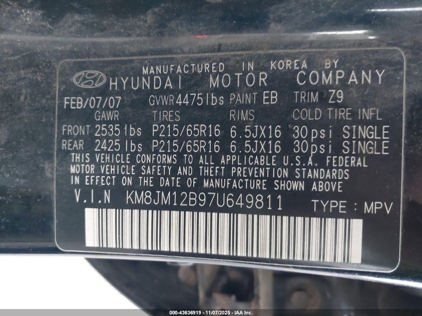 2007 Hyundai Tucson Gls VIN: KM8JM12B97U649811 Lot: 43636919