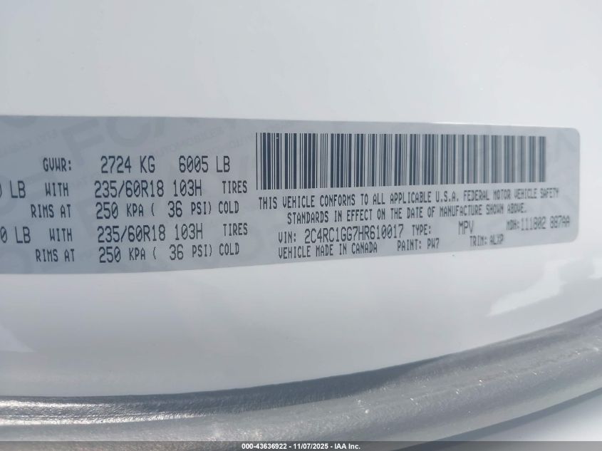 2017 Chrysler Pacifica Limited VIN: 2C4RC1GG7HR610017 Lot: 43636922