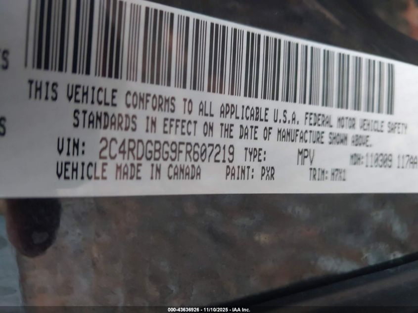 2015 Dodge Grand Caravan Se VIN: 2C4RDGBG9FR607219 Lot: 43636926