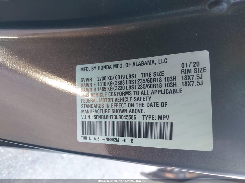 5FNRL6H73LB045586 2020 HONDA ODYSSEY photo no. 9