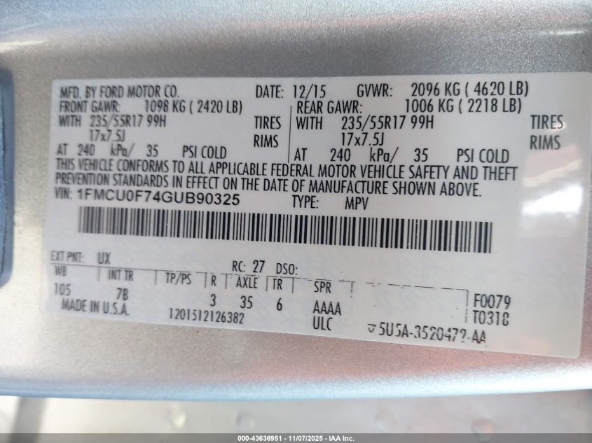 2016 Ford Escape S VIN: 1FMCU0F74GUB90325 Lot: 43636951