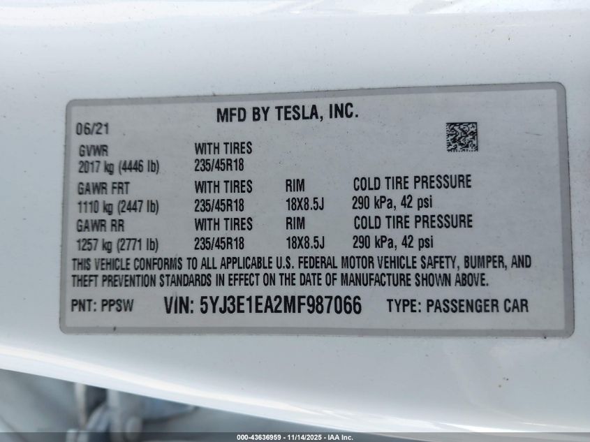 2021 Tesla Model 3 Standard Range Plus Rear-Wheel Drive VIN: 5YJ3E1EA2MF987066 Lot: 43636959