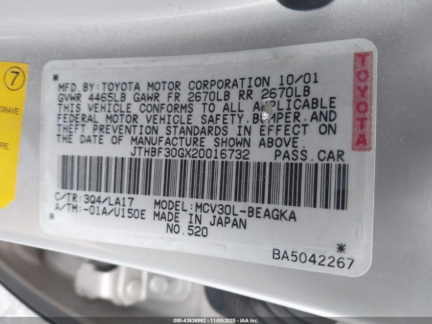 2002 Lexus Es 300 VIN: JTHBF30GX20016732 Lot: 43636962