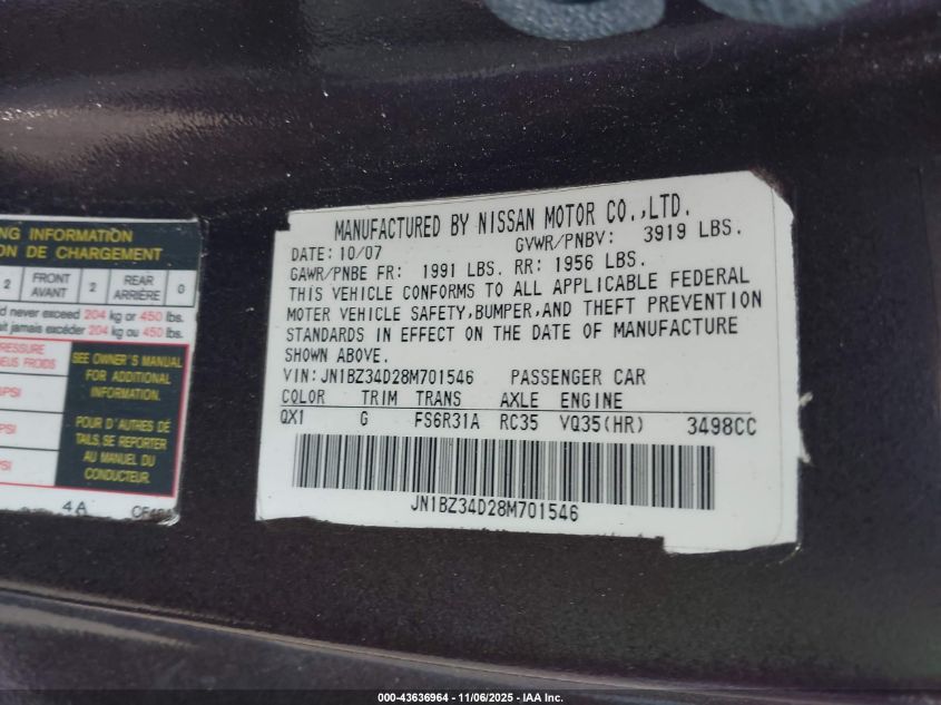 2008 Nissan 350Z VIN: JN1BZ34D28M701546 Lot: 43636964