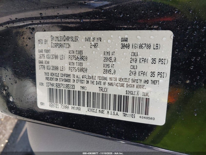 2007 Dodge Ram 1500 Slt VIN: 1D7HA18267S185333 Lot: 43636977