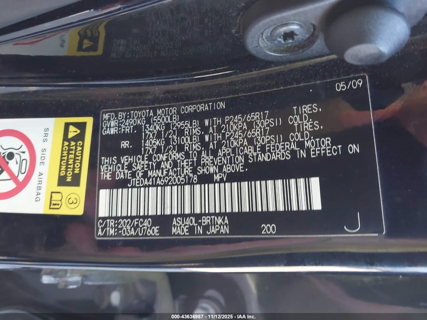 JTEDA41A692005178 2009 TOYOTA HIGHLANDER photo no. 9