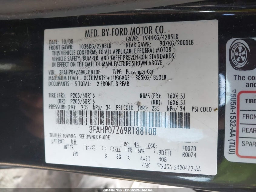 3FAHP07Z69R188108 2009 FORD FUSION photo no. 9