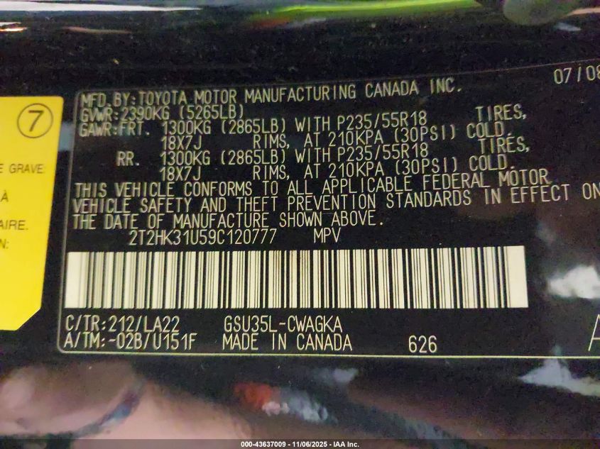 2009 Lexus Rx 350 VIN: 2T2HK31U59C120777 Lot: 43637009