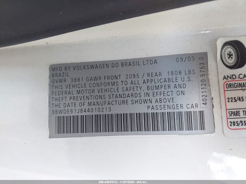 2004 Volkswagen Gti 1.8T VIN: 9BWDE61J844010213 Lot: 43637012