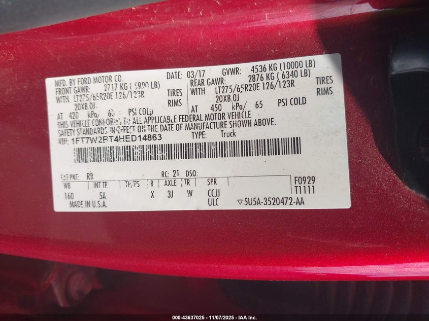 2017 FORD F-250 LARIAT 1FT7W2BT4HED14863