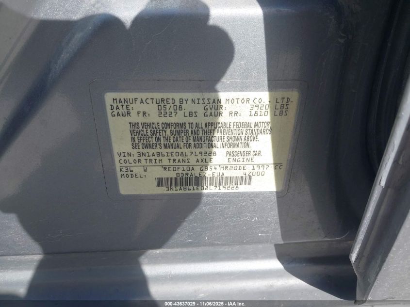 2008 Nissan Sentra 2.0S VIN: 3N1AB61E08L719228 Lot: 43637029