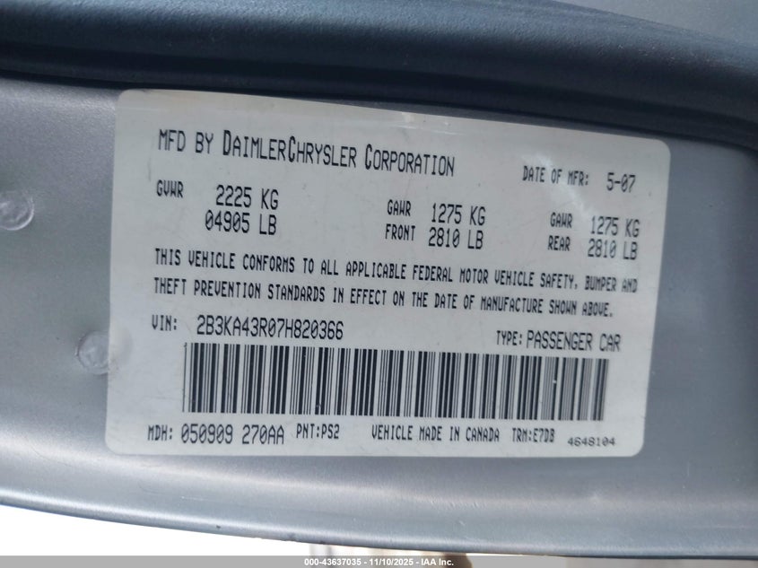 2007 Dodge Charger VIN: 2B3KA43R07H820366 Lot: 43637035