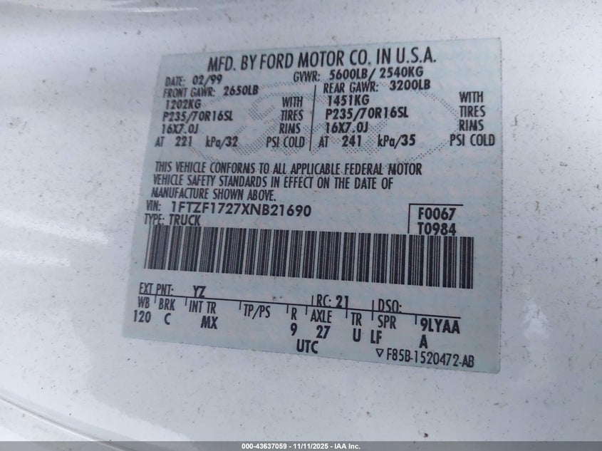 1999 Ford F-150 VIN: 1FTZF1727XNB21690 Lot: 43637059