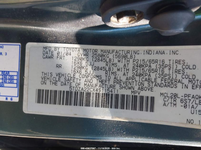 2004 Toyota Sienna Xle VIN: 5TDZA22CX4S115411 Lot: 43637067