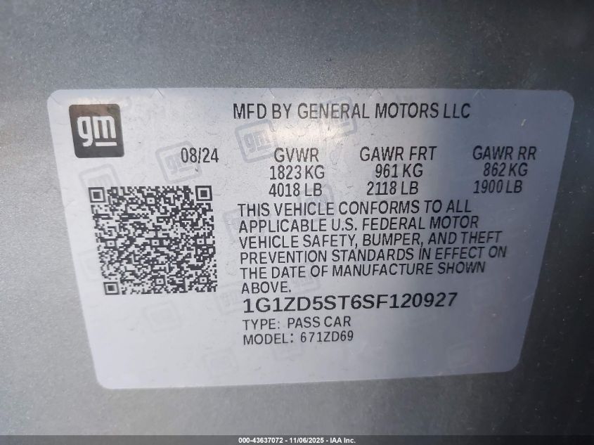 2025 Chevrolet Malibu Fwd 1Lt VIN: 1G1ZD5ST6SF120927 Lot: 43637072