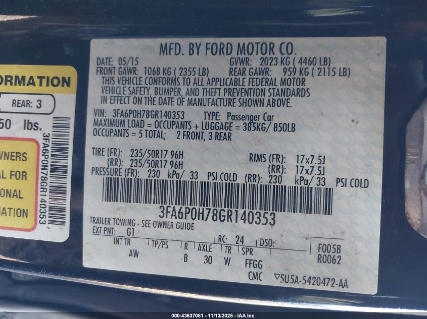 2016 Ford Fusion Se VIN: 3FA6P0H78GR140353 Lot: 43637081