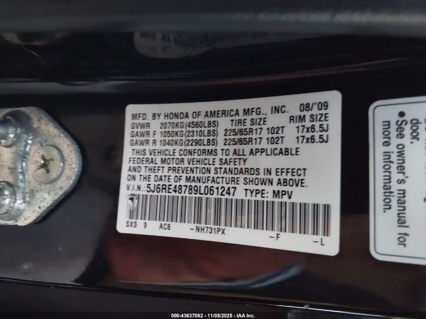 2009 Honda Cr-V Ex-L VIN: 5J6RE48789L061247 Lot: 43637082