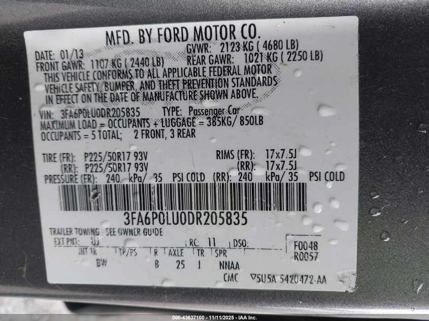 2013 Ford Fusion Hybrid Se VIN: 3FA6P0LU0DR205835 Lot: 43637100