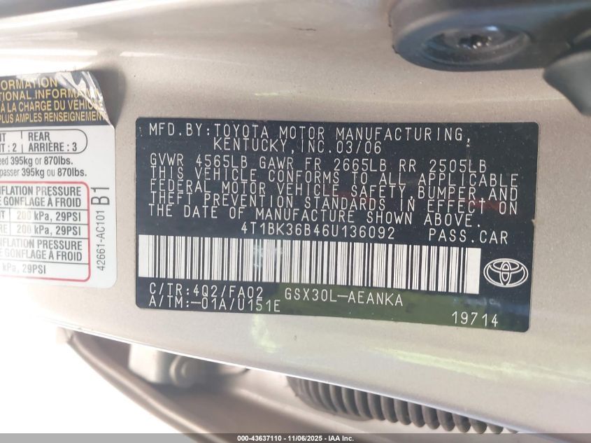 2006 Toyota Avalon Xl VIN: 4T1BK36B46U136092 Lot: 43637110