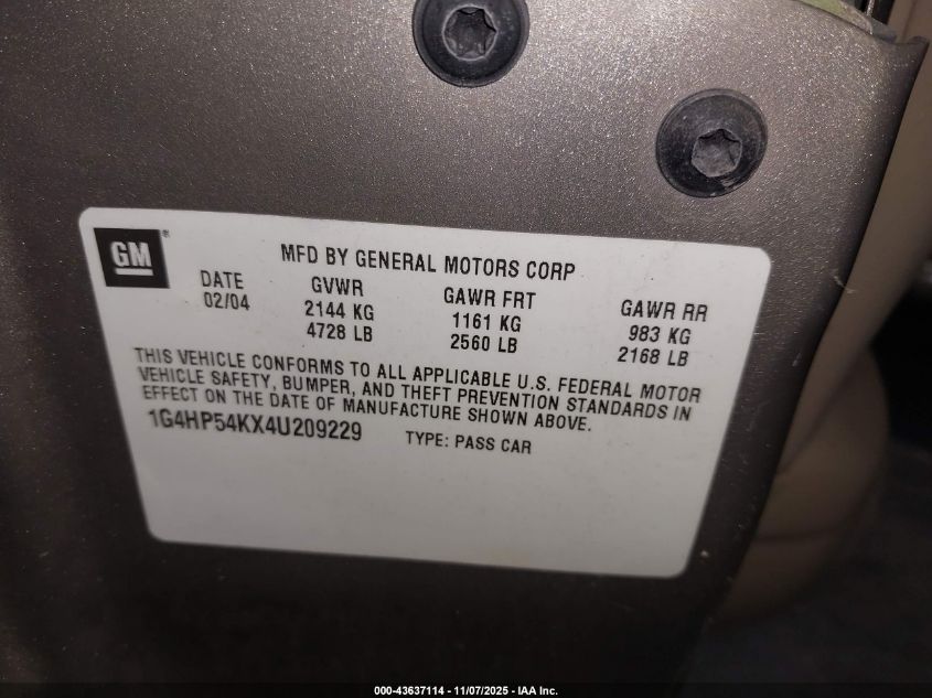 2004 Buick Lesabre Custom VIN: 1G4HP54KX4U209229 Lot: 43637114