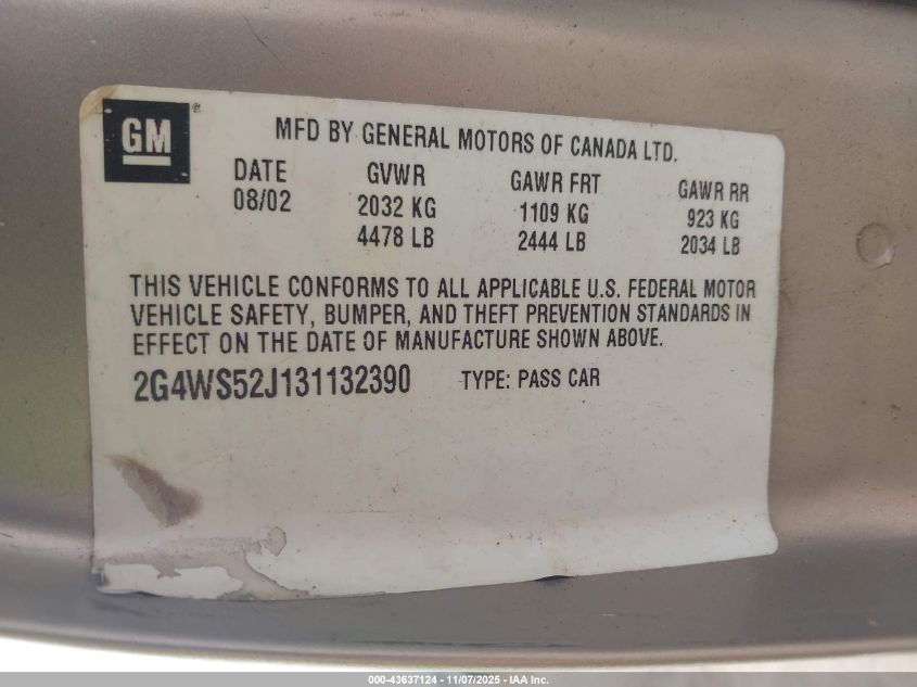 2003 Buick Century Custom VIN: 2G4WS52J131132390 Lot: 43637124