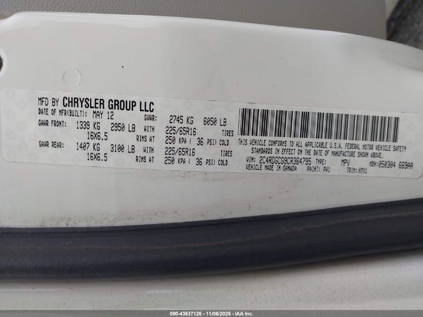 2012 Dodge Grand Caravan Sxt VIN: 2C4RDGCG9CR364795 Lot: 43637126